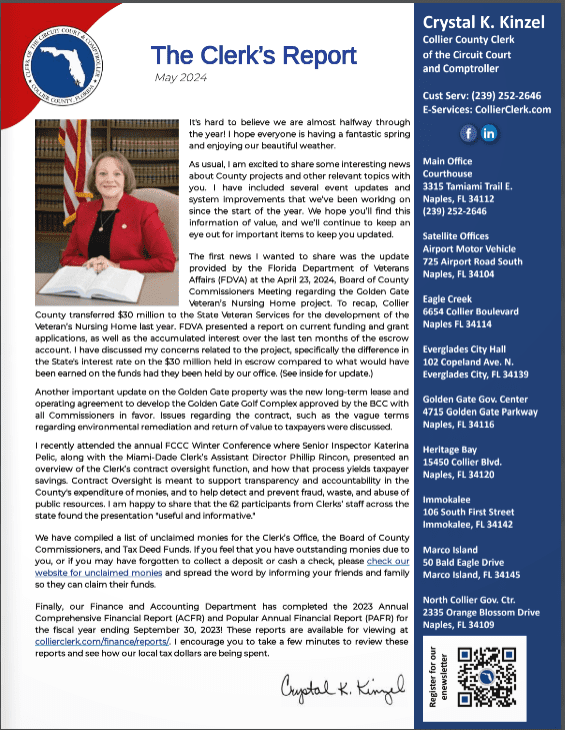 An image of a newsletter titled "The Clerk's Report" from May 2024. The left side features an introduction from Crystal K. Kinzel, including a photo of her in a red jacket. The right side provides updates, contact information, and office locations for Collier County's Clerk of the Circuit Court and Comptroller.